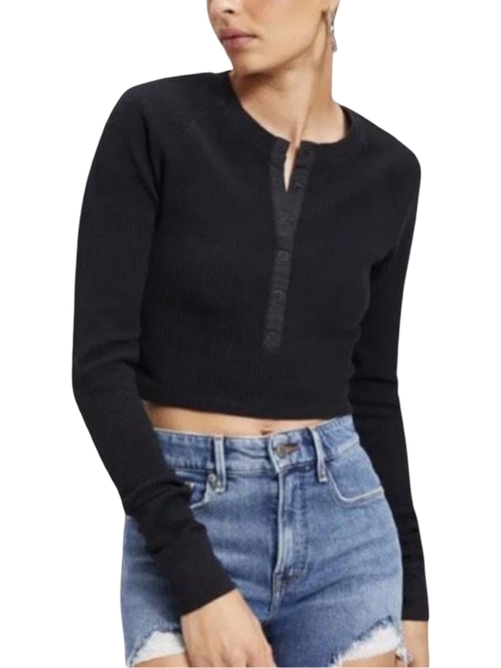 Good American Thermal Stretch Cotton Henley - Size 6 (3XL) - Black